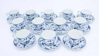 12 Cups & Saucers 528 - Blue Fluted Royal Copenhagen - Half Lace - 1:st Quality