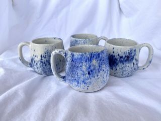 Set Of 4 Vtg W.  J.  Gordy Pottery Hand Thrown Coffee Mugs 1983 Signed Blue White