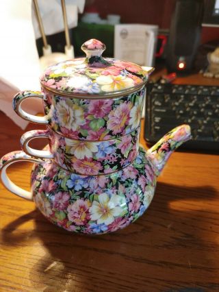 Royal Winton Florence Mini Tea Pot Creamer Sugar 3 Piece Stacking Set Vintage
