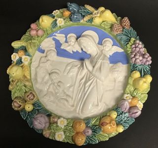 Large Vintage 14 Inch Della Robbia Madonna & Angels Italian Pottery Wall Plaque