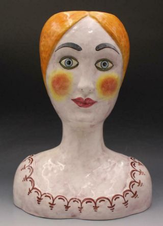 Large Horchow Italian Ceramic Mcm Pottery Bust Woman Vase Planter W/ Open Head