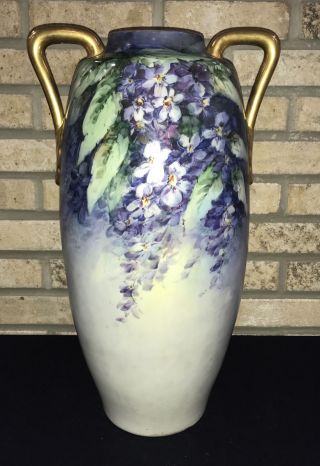 Mz Austria Hand Painted Purple Floral Double Handles Art Nouveau Vase Huge 18”