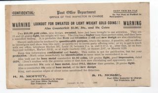 1917 P.  O.  Dept Flier Warning Of Sweated Us Gold Coins San Francisco S.  H.  Morse