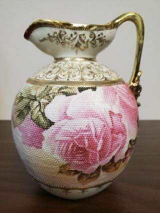 Nippon Rose Tapestry Ewer Vase; Blue Maple Leaf Mark; 7 " Tall