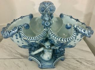 19thc Ulisse Cantagalli Italy Tin Glazed Faience Pottery Centerpiece Bowl Blue W 2