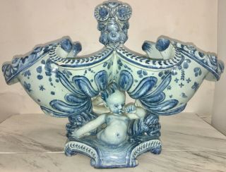 19thc Ulisse Cantagalli Italy Tin Glazed Faience Pottery Centerpiece Bowl Blue W 3