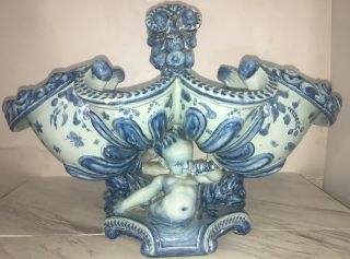 19thc Ulisse Cantagalli Italy Tin Glazed Faience Pottery Centerpiece Bowl Blue W 5