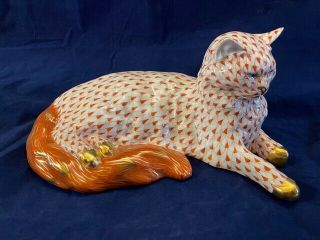 Herend Lying Cat Large 9 Inches Porcelain Figurine Red Fishnet