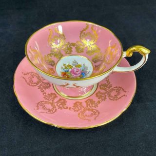 Aynsley England Ja Bailey Signed Cabbage Rose Pattern Pink Cup Saucer C1543