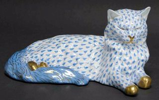 Herend,  Large Lying 9 " Cat Porcelain Figurine,  Blue Fishnet,  Flawless,  Exquisite
