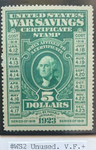 Scott Ws2 1917 Us War Savings Certificate Stamp $5 Nh Vf,  Cv $230