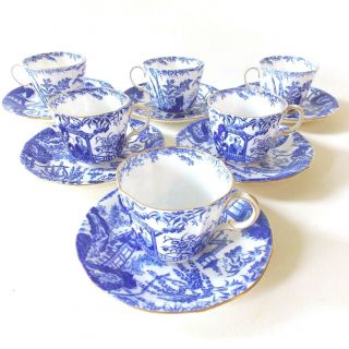Royal Crown Derby Blue Mikado Set Of Six Cups And Saucers English Chinoiserie