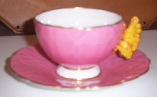 Aynsley English Bone China W/butterfly Handle Tea Cup & Saucer - - Pink
