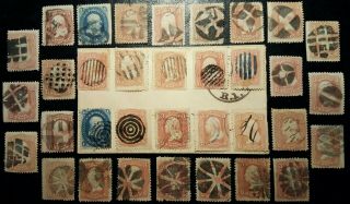 Us Stamps: Scott 63 U,  65 U,  1861 Washington Franklins,  Shades,  34 Fancy Cnxls