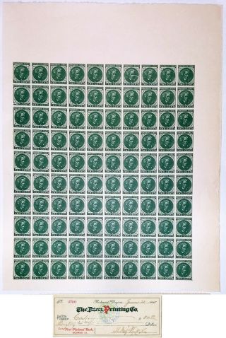 Confederate Sheet Two Cent Green Calhoun & 1918 Dietz Printing Co.  Check