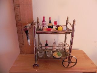 Dollhouse Miniature Brass Rolling Bar Artist Designed 3 " X 3 1/4 " With Contents