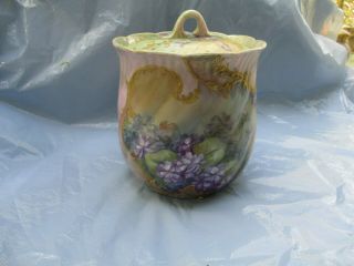Vintage Hand Painted Purple Violets Green & Gold Biscuit Jar Pre Owned