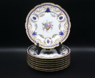 Set Of 8 Sevres Style Hand Painted Decorated Raised Gold Scalloped Floral Plates
