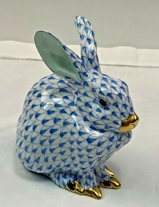 Large Herend Blue Fishnet Bunny Rabbit Figurine