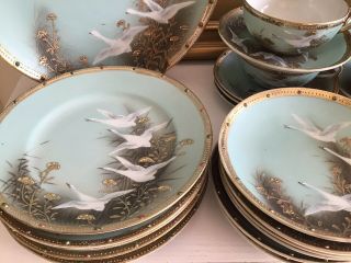 (28 Pc) Nippon Flying Geese Swans Gold Moriage Jeweled Set Hand Painted