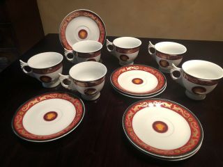 Versace Set Of Six Cups And Saucers Greek Key Red With Gold Gilding