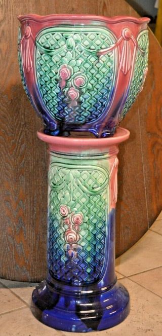 Weller Pottery Colored Glaze Jardinière & Pedestal Majolica Style 30 " Colorful