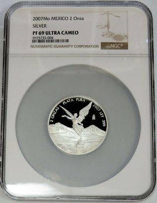 2007 Mo Silver Mexico Proof 2 Onzas Libertad Winged Victory Coin Ngc Pf 69 Uc