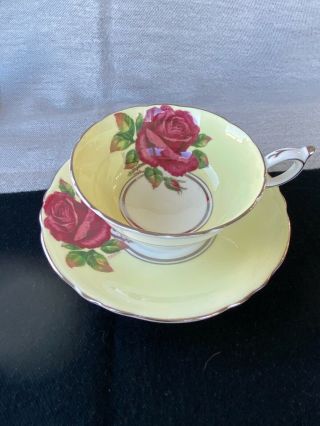 Paragon Tea Cup & Saucer Yellow Large Red Cabbage Rose Signed Johnson