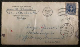 1940 Hopkins Mn Usa Airmail Censored Cover To Odense Denmark Occupied By Germany