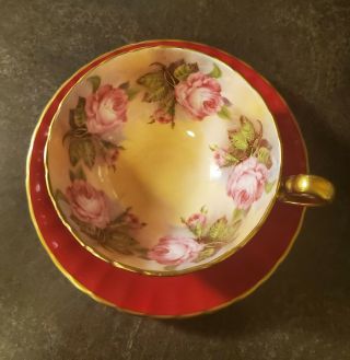 Aynsley Pink Cabbage Rose And Red Tea Cup & Saucer