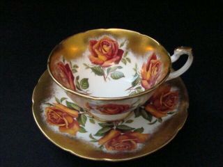 Paragon Orange Cabbage Roses Heavy Gold Teacup And Saucer