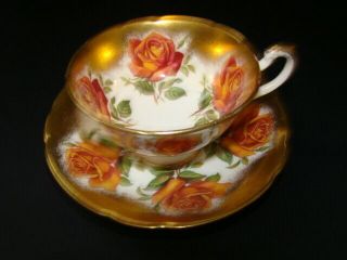 Paragon Orange Cabbage Roses Heavy Gold Teacup and Saucer 3