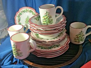16 Pc Sur La Table Made In Italy Holly And Pine Christmas Service For 4 Exc