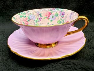Shelley Bone China England Chintz Oleander Tea Cup And Saucer Pink
