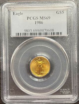 1986 $5 American Eagle Gold Coin 1/10 Oz Pcgs Ms69 Coin