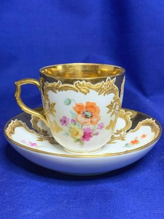 Kpm Berlin Neuzierat Dresden Floral With Gold Interior Cup And Saucer 8