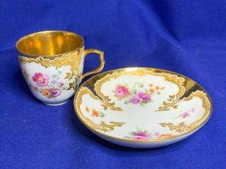 KPM Berlin Neuzierat Dresden floral with gold interior cup and saucer 8 3