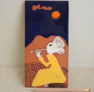 Susana Espinosa Ceramic Art Tile Plaque 1974 Flute Player Mcm Puerto Rico Modern