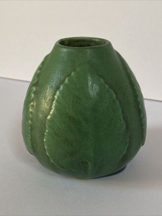 Matte Green Hampshire Pottery Bud Vase With Molded Leaves Arts & Crafts