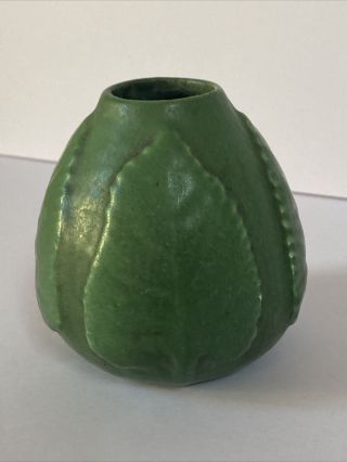 Matte Green Hampshire Pottery Bud Vase with Molded Leaves Arts & Crafts 2