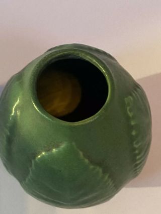 Matte Green Hampshire Pottery Bud Vase with Molded Leaves Arts & Crafts 3