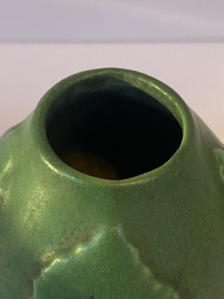Matte Green Hampshire Pottery Bud Vase with Molded Leaves Arts & Crafts 4
