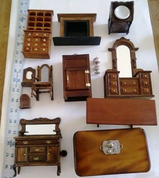14 Piece Miniature Wood Doll House Furniture - Ice Box - Table - Dresser - Fireplace