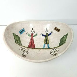 Vintage Raymor Signed Made In Italy Oval Bowl W/ Two Painted Figures