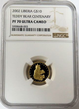 2002 Gold Liberia 99 Minted $100 Teddy Bear Centenary 1/10 Oz Coin Ngc Pf 70 Uc