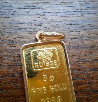 PAMP Suisse 5 Grams Gold.  9999 Fine Lady Fortuna Bar W 18K Pendant Frame 3