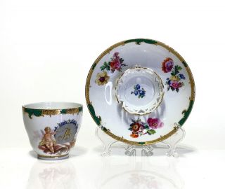 Kpm Berlin Porcelain Tea Cup & Saucer Cupid In The Clouds Fine Early 19th C