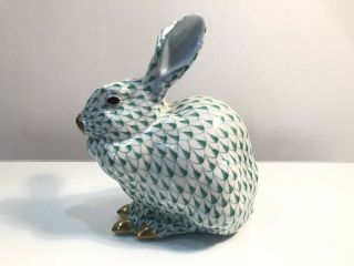 Herend Green Fishnet W/24k Gold Bunny Rabbit Sitting Mother Figurine $510 Msrp