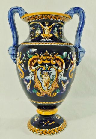 Vintage Gien France 11 " Fond Bleu Renaissance Cobalt Blue French Pottery Vase