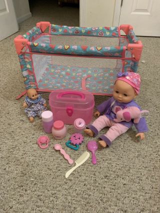 Baby Doll Cribe,  2 Baby Dolls,  And Accessories With A Pink Box